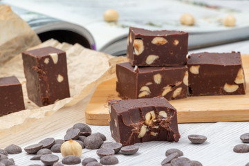 Delicious fudge with homemade chocolate and nuts