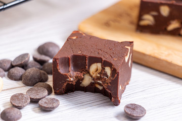 Delicious fudge with homemade chocolate and nuts