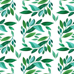 Seamless pattern with watercolor green leaves creative background