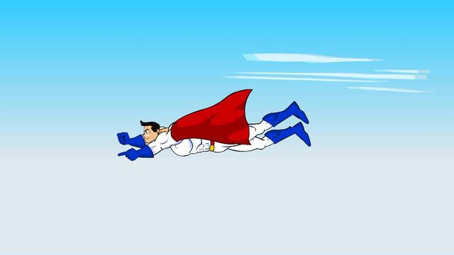 Classic cartoon super hero type character flying through the clouds.