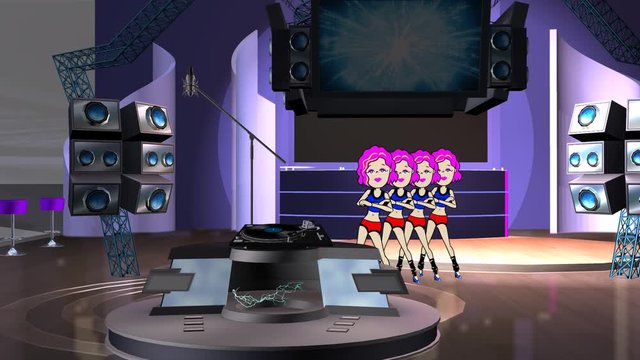 Four comely cartoon clones dancing in music studio.  Turntable in center with large studio speakers booming.  Loopable.