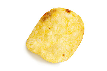 One fried potato chip snack isolated on white background.