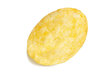 One fried potato chip snack isolated on white background.