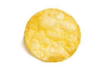One fried potato chip snack isolated on white background.