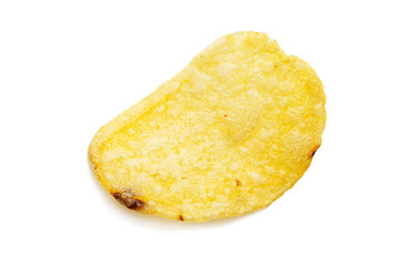 One fried potato chip snack isolated on white background.
