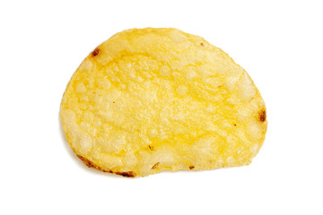 One fried potato chip snack isolated on white background.
