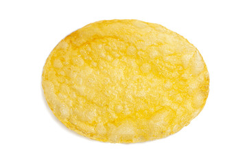 One fried potato chip snack isolated on white background.