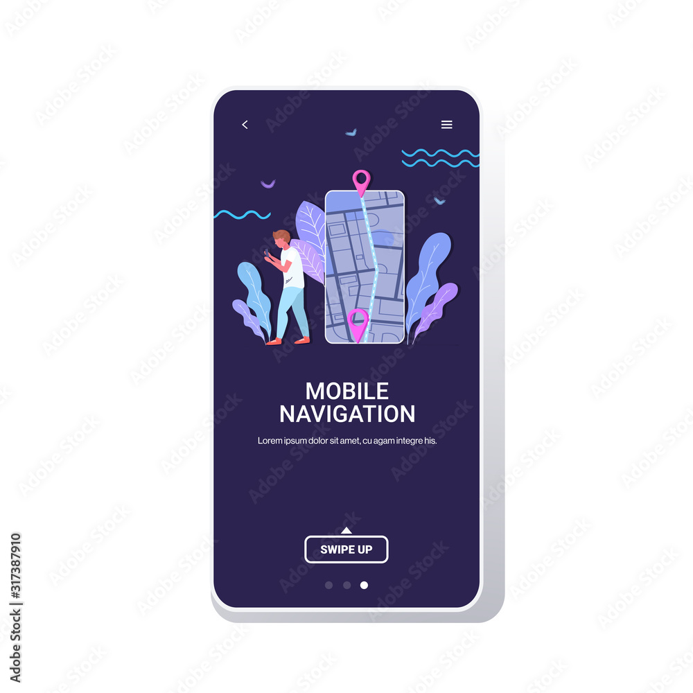 Poster man using mobile navigation app to get direction to destination address in city street traveler expl