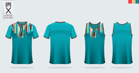 T-shirt sport mockup template design for soccer jersey, football kit. Tank top for basketball jersey and running singlet. Sport uniform in front view and back view.  Vector art Illustration.