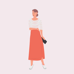 woman fashion blogger standing pose smiling stylish girl posing female cartoon character full length vector illustration