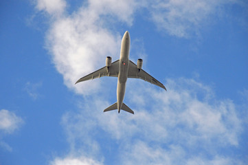 真下から撮影した離陸直後の飛行機