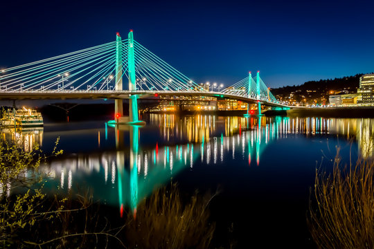 Reflections Illuminated Tilikum Crossing Portland Oregon Willamette River Evening HDR stock photo