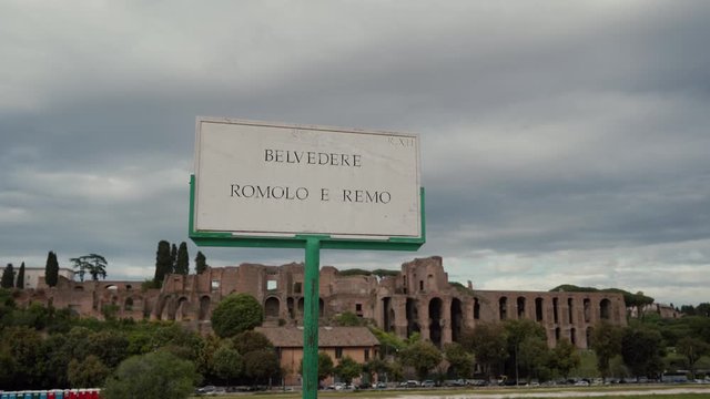 Street Plate Belvedere Romolo e Remo in front of Circus Maximus and blue sky in Rome 