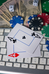 Gaming business. Internet betting services. Gambling on the site and winning money. Play poker online. Vertical frame.