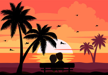 Tropical sunrise at seashore with palms tree and silhouette of couple. Vector illustration