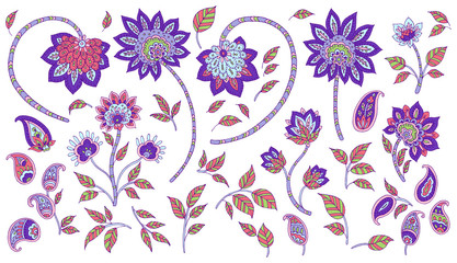 Fototapeta na wymiar Hand-drawn flowers and leaves, Paisley Style, white background