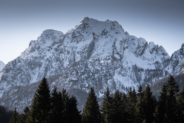beautiful snowy mountain peak in julian alps