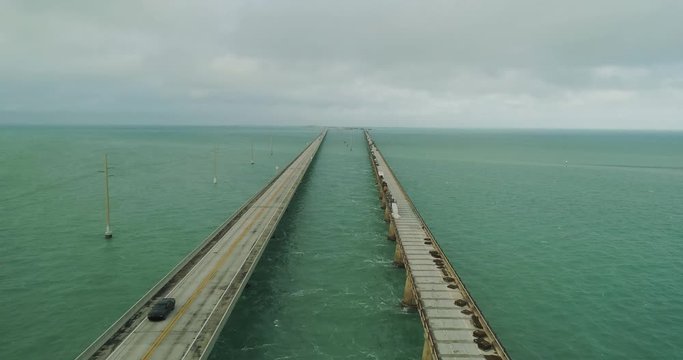 Aerial View of Seven Mile Bridge in The Florida Keys on a Beautiful Day With Beautiful Turquoise Water Tracking Forward