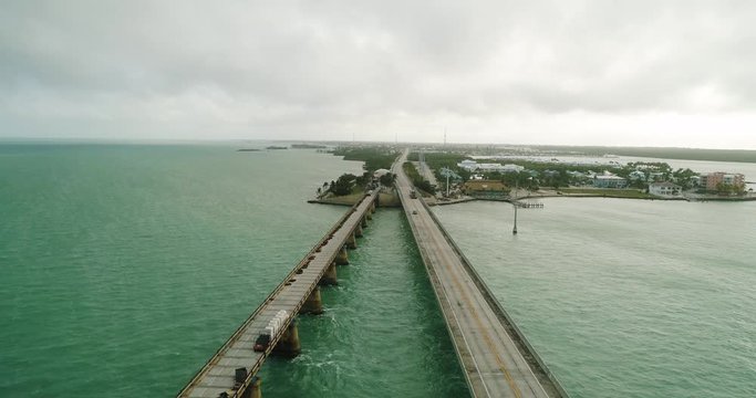 Aerial View of Seven Mile Bridge in The Florida Keys on a Beautiful Day With Beautiful Turquoise Water in Slow Motion Tracking Forward