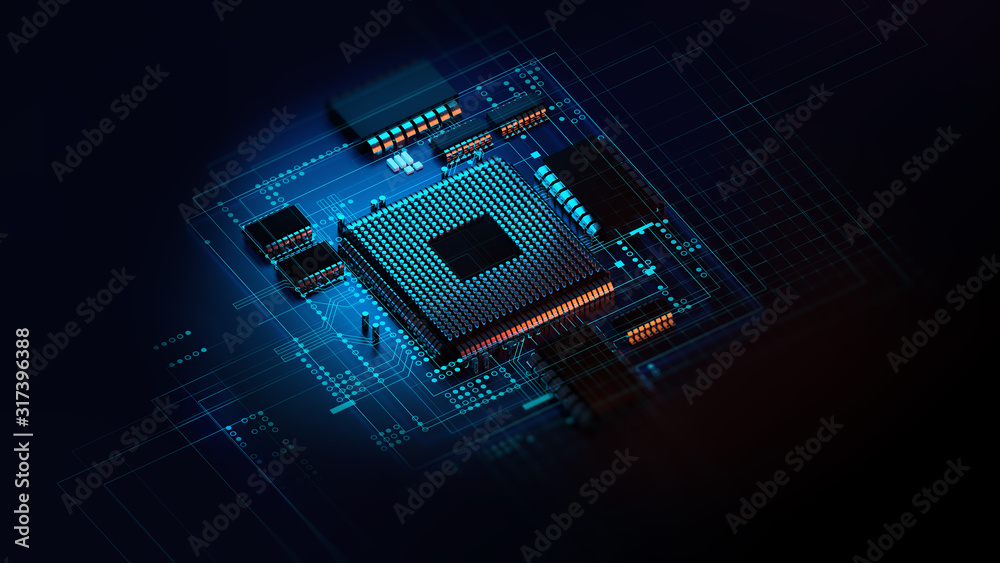 Aufkleber 3d rendering  of futuristic blue circuit board and cpu