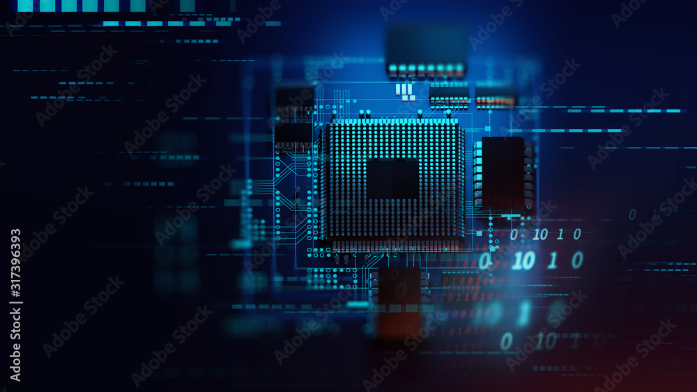 Aufkleber 3d rendering  of futuristic blue circuit board and cpu