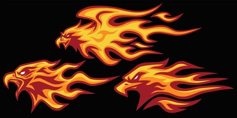 Eagle Head Burning Fire Flame Logo Set Vector Mascot Design Collection