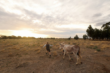 Children spending time with donkey in dry paddock during times of drought