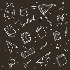 Hand drawn set of college, school study element and good grades. Concept of excellent grades, education, student, pupil study for bacground design. Doodle sketch style vector illustration.