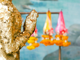 Close up praying hands of Buddha. Praying hands golden of Buddha.
