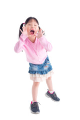 Full length of Happy little asian girl shouting with smiles over white background