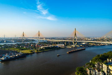 Fototapeta premium Bhumibol suspension bridge over Chao Phraya River in Bangkok city, Thailand