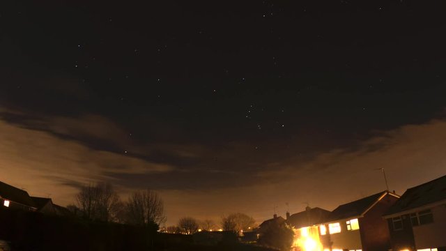 A time lapse spanning eight hours of night sky with stars, wind clouds and Moon rise in the Worcestershire, UK.