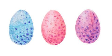 Easter watercolor set with eggs lilac pink, purple, blue color