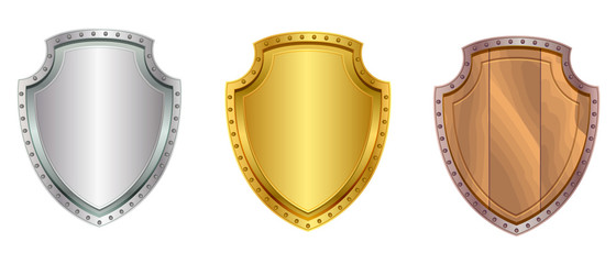 Silver, gold and wooden shield set icon isolated on white