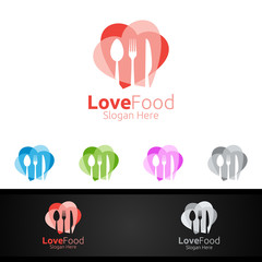 Love Healthy Food Logo Template. Organic Vector Design.for Menu Restaurant or Cafe, Fork, Spoon and leaves Concept