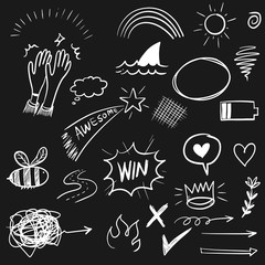 Hand drawn set elements, for concept design. doodle abstract isolated on black background . vector illustration.