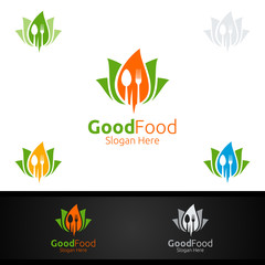 Fototapeta na wymiar Healthy Food Logo Template. Organic Vector Design.for Menu Restaurant or Cafe, Fork, Spoon and leaves Concept
