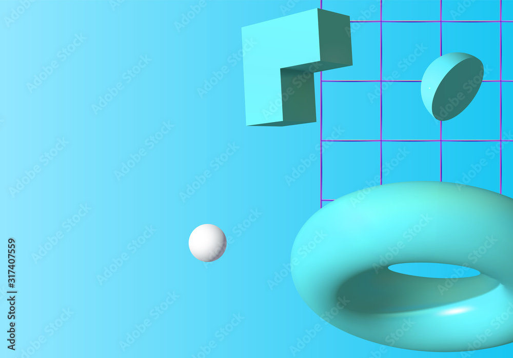 Poster 3D shapes or abstract design elements falling in trendy colorful surreal background