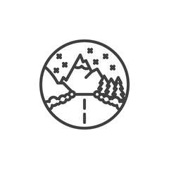 Mountain road with trees line icon. linear style sign for mobile concept and web design. Country road, winter landscape outline vector icon. Symbol, logo illustration. Vector graphics