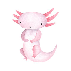 Cute sitting watercolor kawaii pink violet axolotl isolated on white background