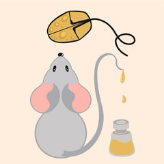 Gray cute mouse paints a computer mouse in yellow. A computer mouse is like a piece of cheese. A jar of paint. Vector illustration
