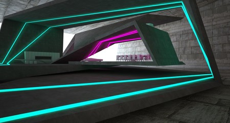 Abstract architectural concrete interior of a minimalist house with colored neon lighting. 3D illustration and rendering.