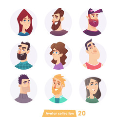 Cheerful young people avatar collection. User faces. Trendy modern style. Flat Cartoon Character design.