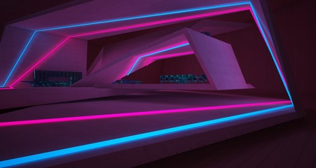 Abstract architectural concrete, wood and glass interior of a minimalist house with colored neon lighting. 3D illustration and rendering.