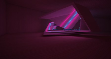 Abstract architectural concrete, wood and glass interior of a minimalist house with colored neon lighting. 3D illustration and rendering.