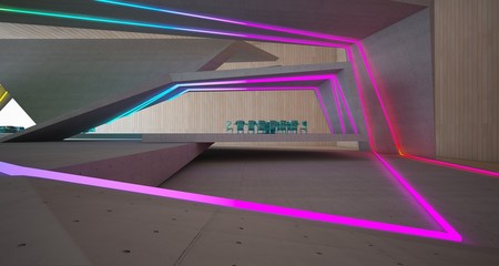 Abstract architectural concrete, wood and glass interior of a minimalist house with colored neon lighting. 3D illustration and rendering.