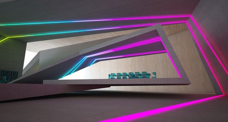 Abstract architectural concrete, wood and glass interior of a minimalist house with colored neon lighting. 3D illustration and rendering.