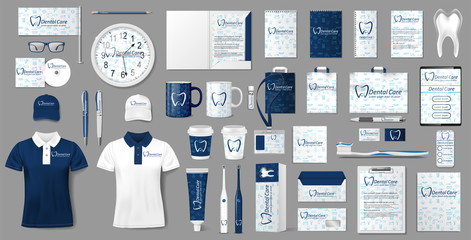 Stationery mockup for Dental Clinic. Corporate Stomatology dentist center Branding identity template design. Vector illustration