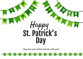 Happy St. Patricks Day card with greeting and garland made of patterned pennants and shamrocks. Vector