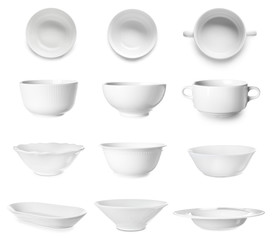 Set of empty ceramic dishware on white background